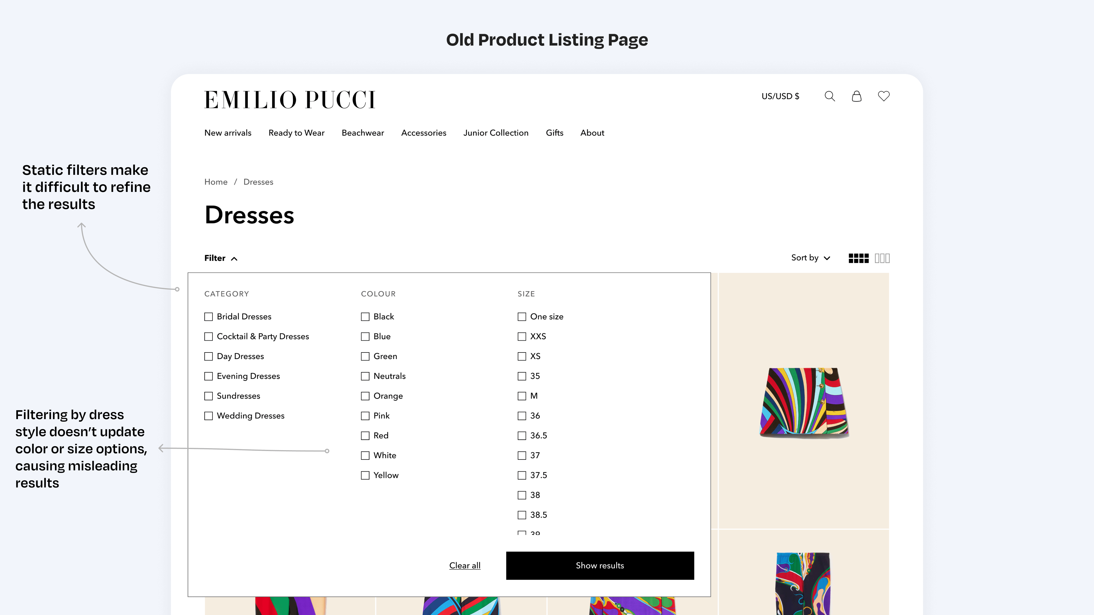 Image of the old product listing page